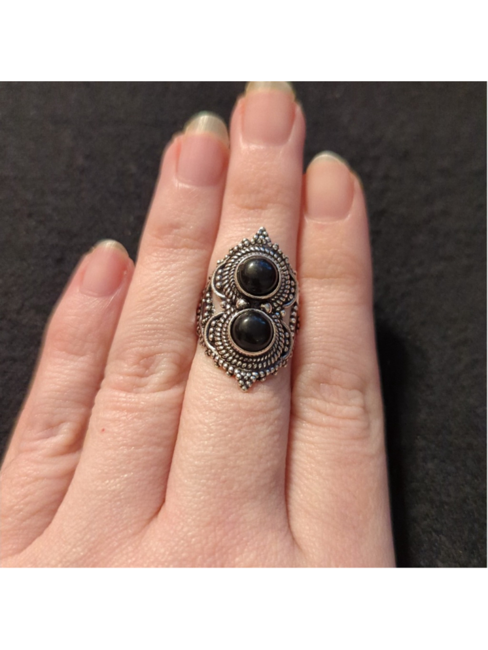 Silver Plated Black Onyx Gemstone Double Stone Statement Ring - size 6